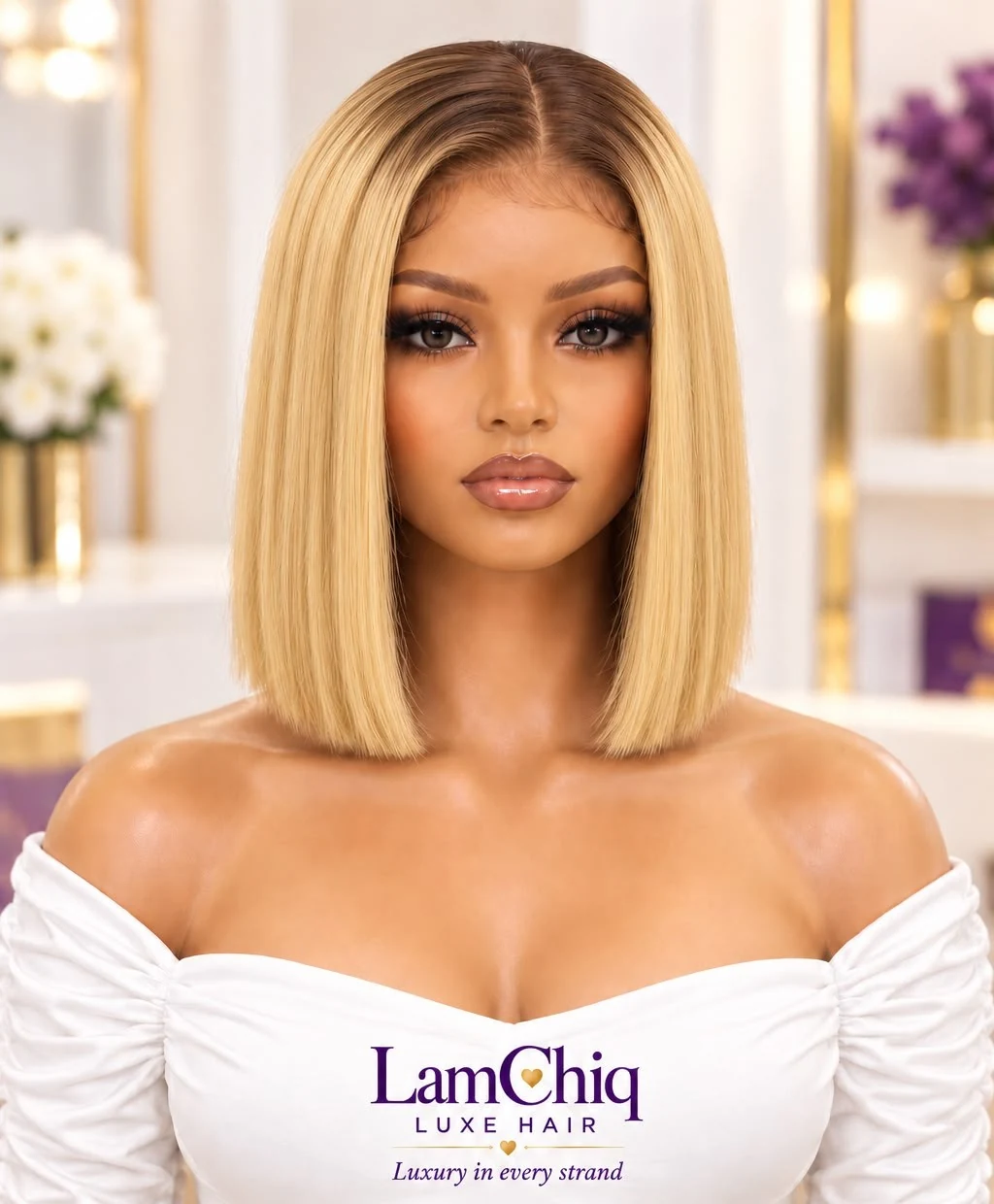 Golden blonde bob with brown roots in a supplied LamChiq product image