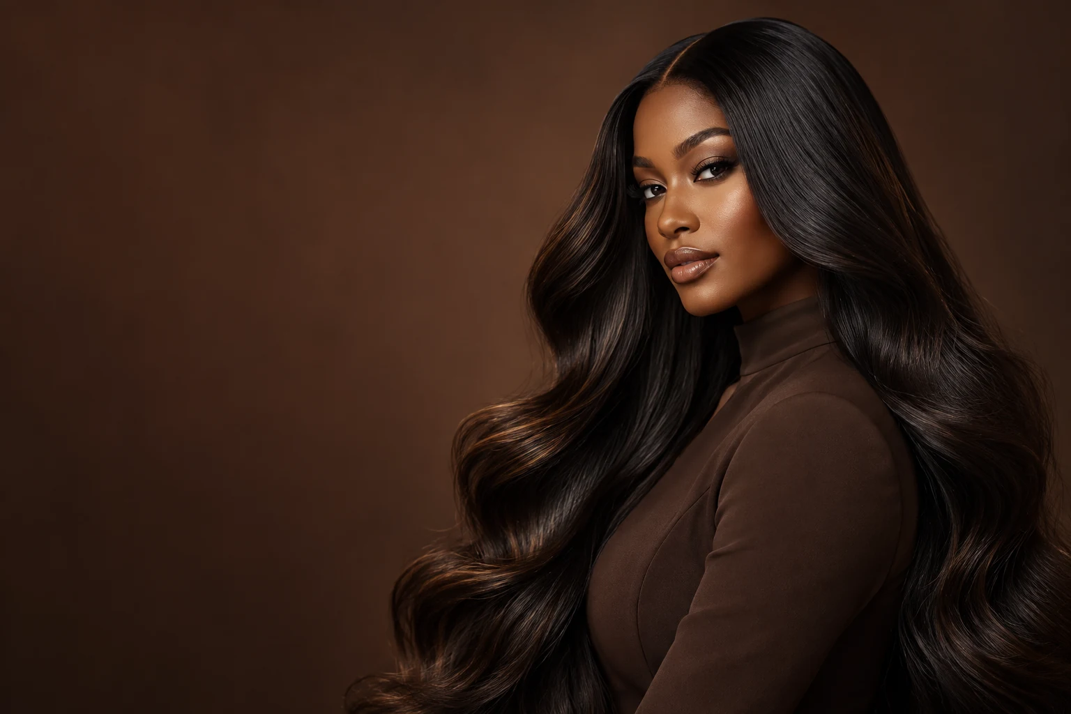Illustrative fashion portrait with long dark hair against an espresso backdrop