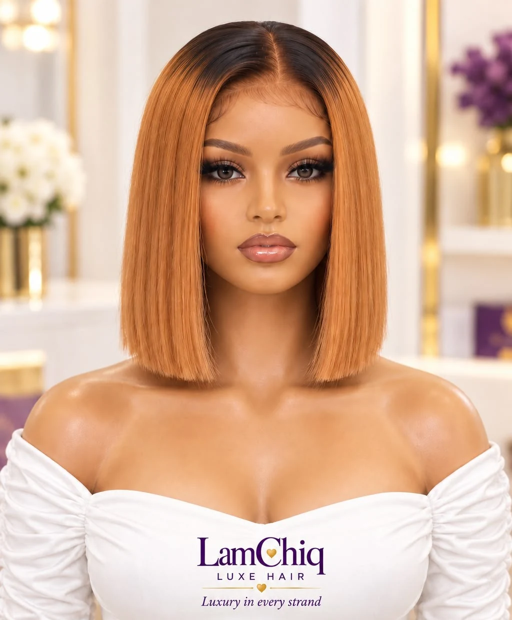 Honey caramel bob with dark roots in a supplied LamChiq product image