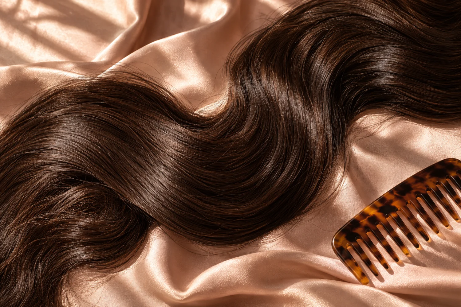 Illustrative close-up of glossy dark hair over warm satin beside a comb