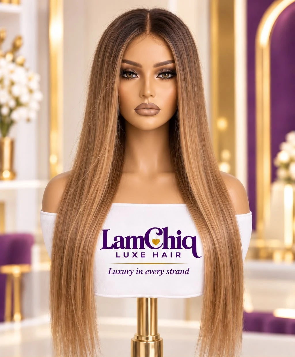Honey caramel ombré bone-straight wig shown in the supplied LamChiq product image